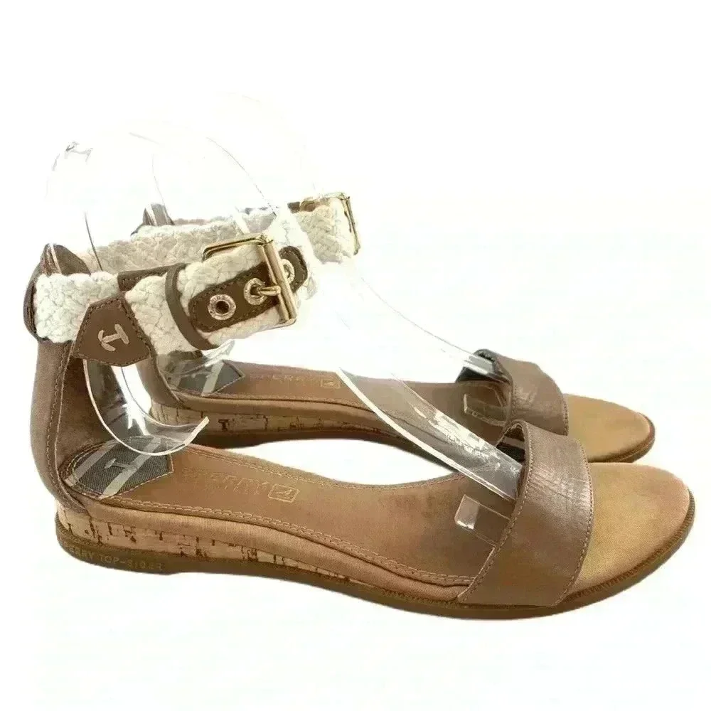 Sperry womens sandals size 5.5 brown leather nautical ankle strap cork wedges